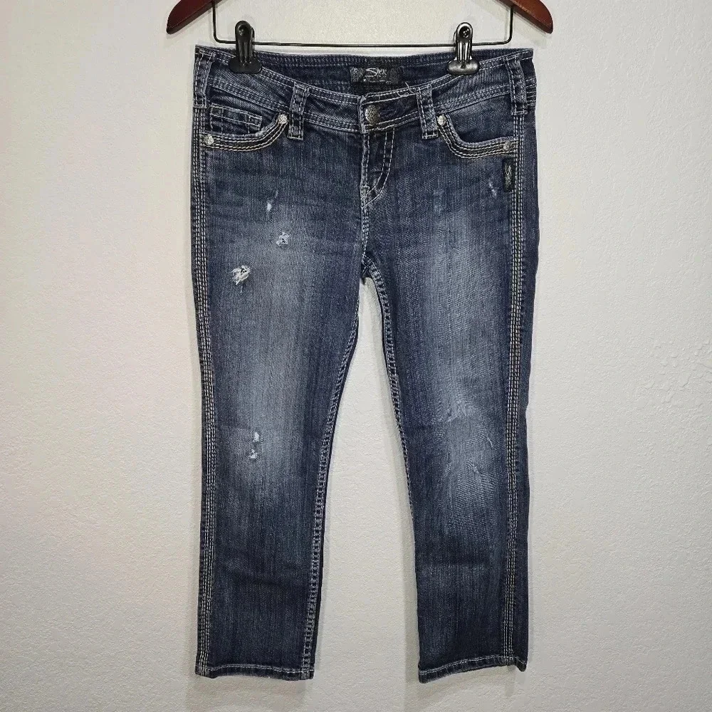 Silver 27 Twisted Capri Cropped Denim Distressed Jeans - Picture 1 of 10